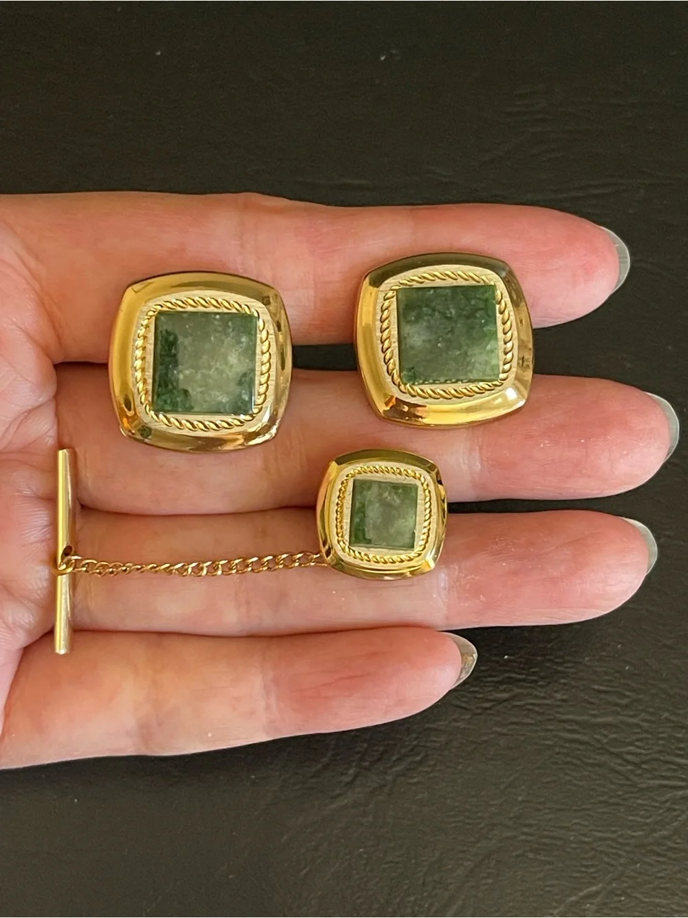 SWANK Gold-Tone Cufflinks and Tie Tack with Green jade Stone Centers